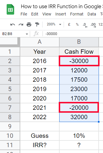 How to use IRR Function in Google Sheets 2