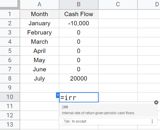 How to use IRR Function in Google Sheets 12