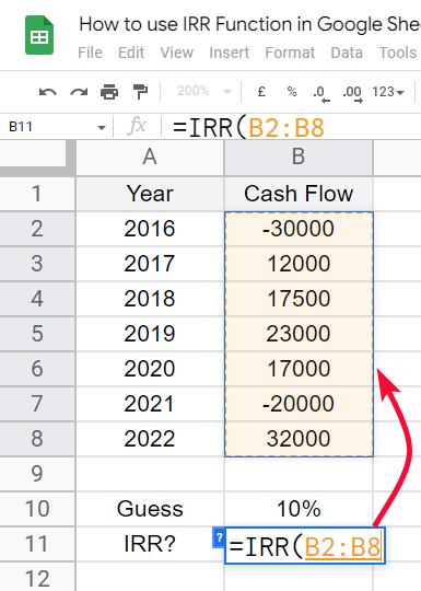 How to use IRR Function in Google Sheets 4