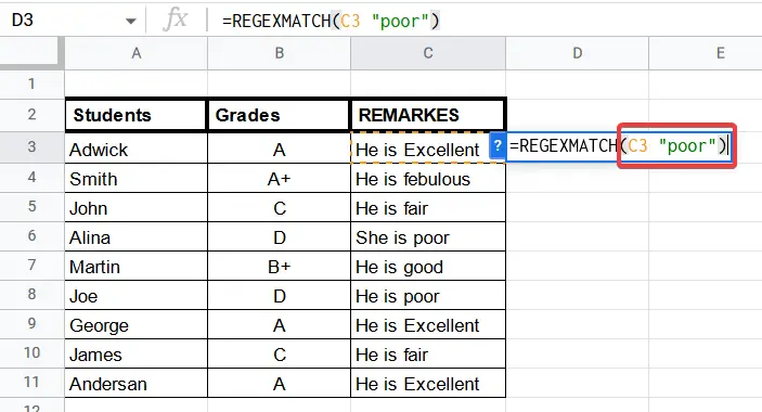 How to use REGEXMATCH Function in Google Sheets 11