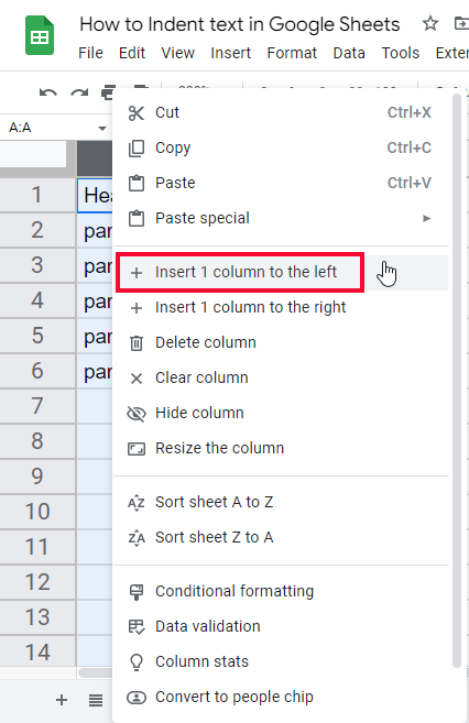 how to Indent text in Google Sheets 18
