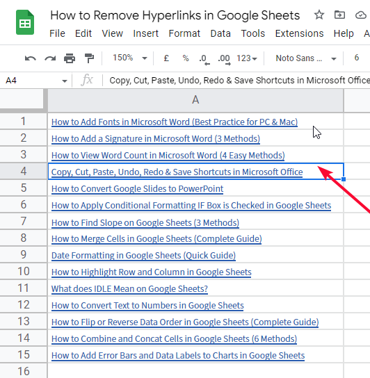 how to Remove Hyperlinks in Google Sheets 2