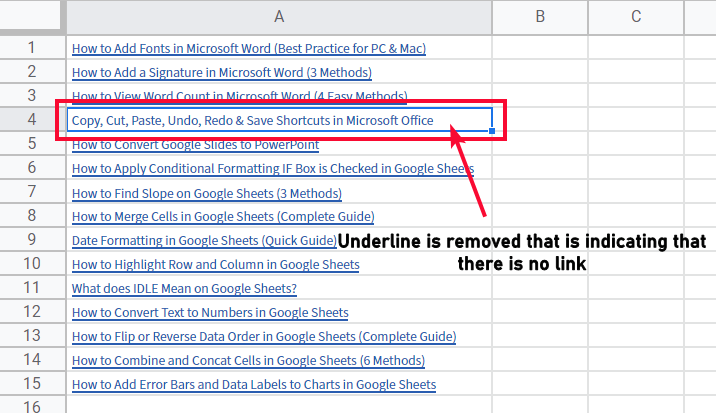 how to Remove Hyperlinks in Google Sheets 4