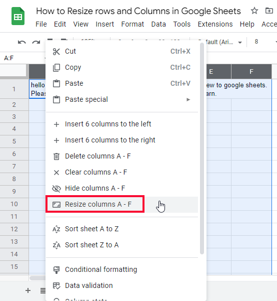 how to Resize rows and Columns in Google Sheets 33