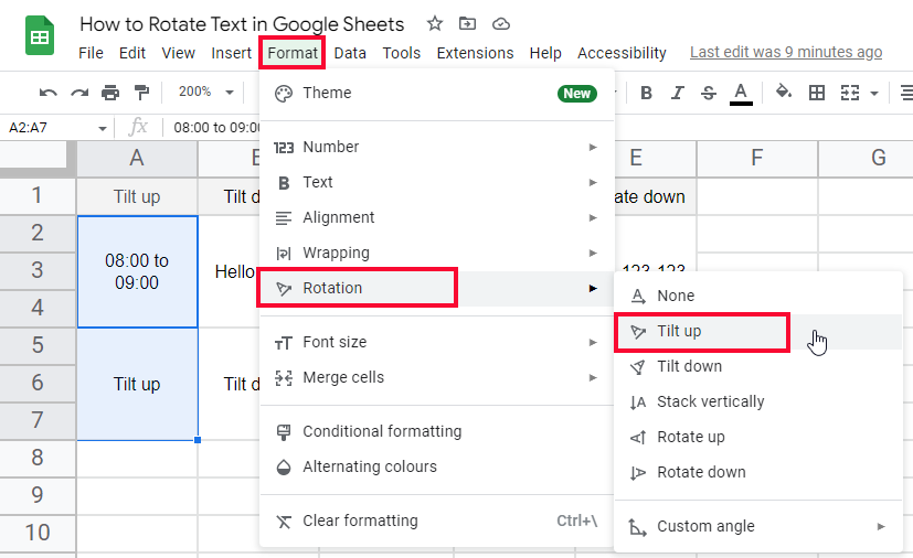 how to Rotate Text in Google Sheets 2
