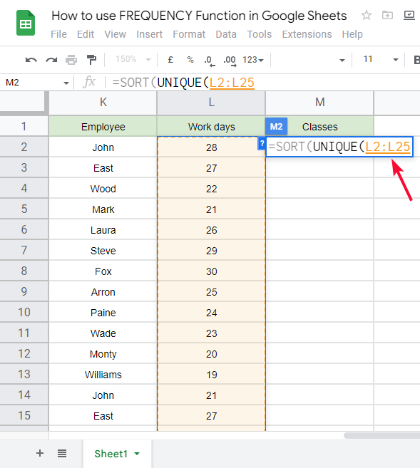 how to use FREQUENCY Function in Google Sheets 12