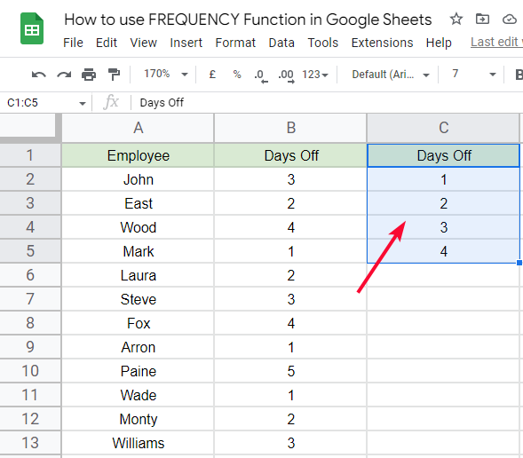how to use FREQUENCY Function in Google Sheets 2