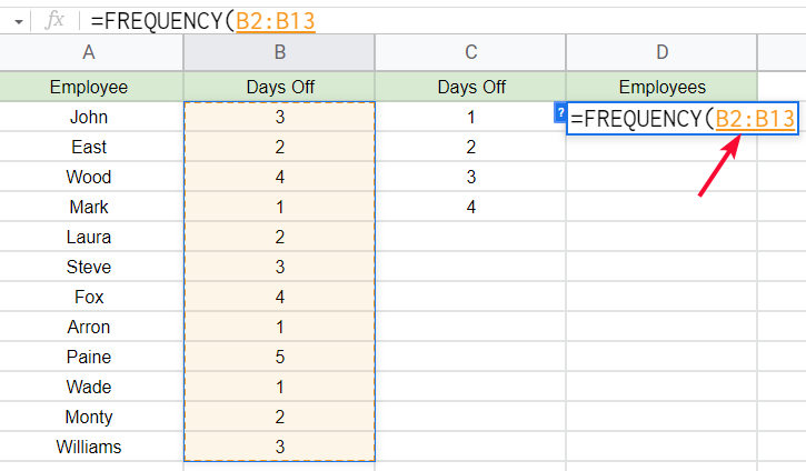 how to use FREQUENCY Function in Google Sheets 4