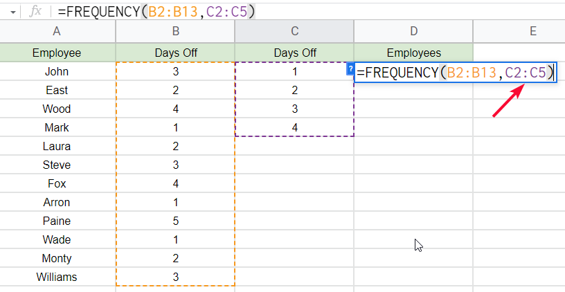 how to use FREQUENCY Function in Google Sheets 5