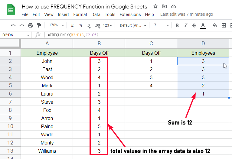 how to use FREQUENCY Function in Google Sheets 8