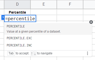 how to use the PERCENTILE Function in Google Sheets 2
