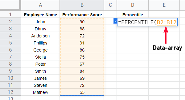 how to use the PERCENTILE Function in Google Sheets 3