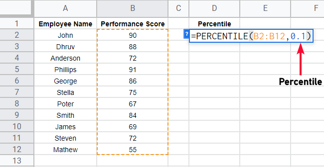 how to use the PERCENTILE Function in Google Sheets 4