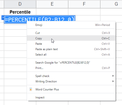 how to use the PERCENTILE Function in Google Sheets 7
