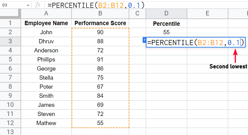 how to use the PERCENTILE Function in Google Sheets 8