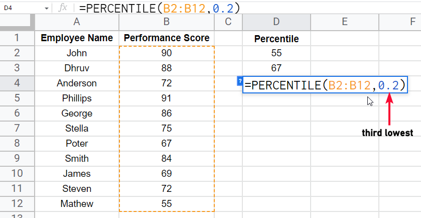 how to use the PERCENTILE Function in Google Sheets 9