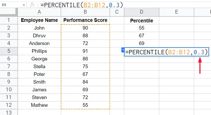 how to use the PERCENTILE Function in Google Sheets 10
