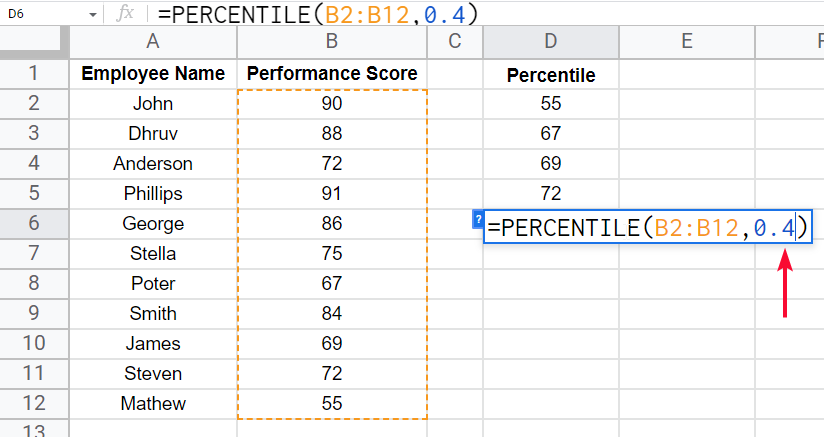 how to use the PERCENTILE Function in Google Sheets 11