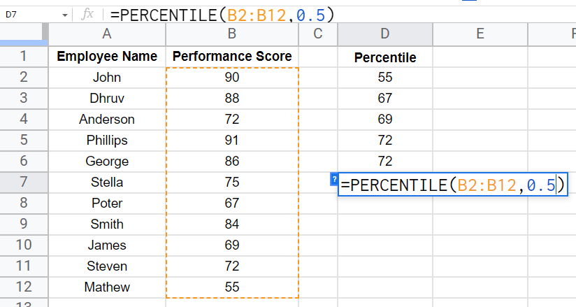 how to use the PERCENTILE Function in Google Sheets 12