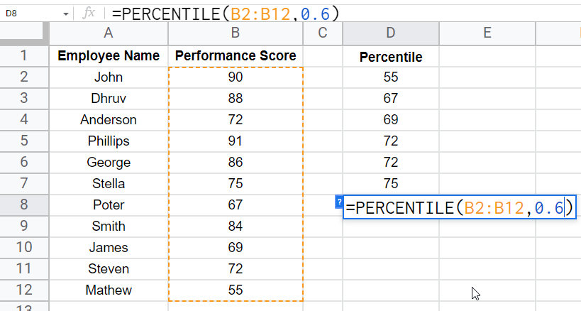 how to use the PERCENTILE Function in Google Sheets 13