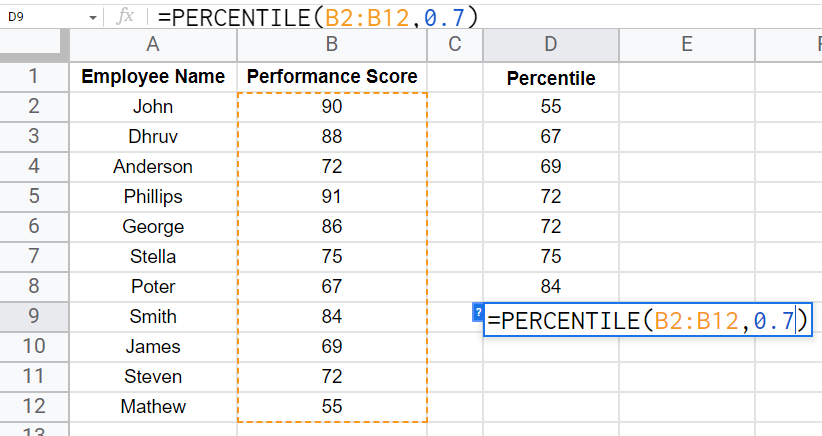 how to use the PERCENTILE Function in Google Sheets 14