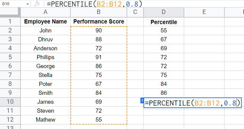 how to use the PERCENTILE Function in Google Sheets 15
