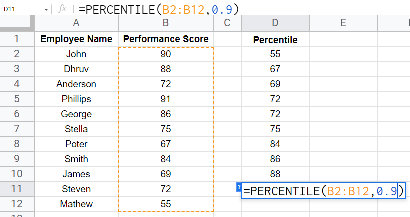 how to use the PERCENTILE Function in Google Sheets 16