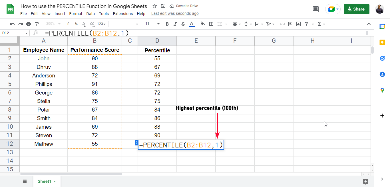 how to use the PERCENTILE Function in Google Sheets 17