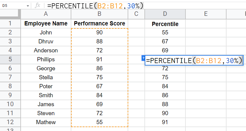 how to use the PERCENTILE Function in Google Sheets 20
