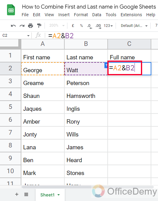 How to Combine First and Last name in Google Sheets 2