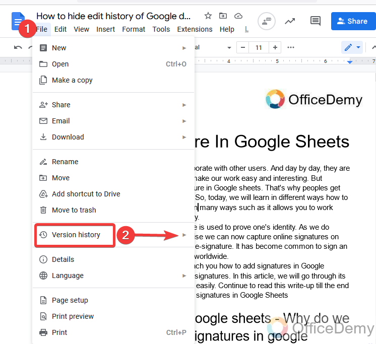 How to hide edit history on Google docs 14
