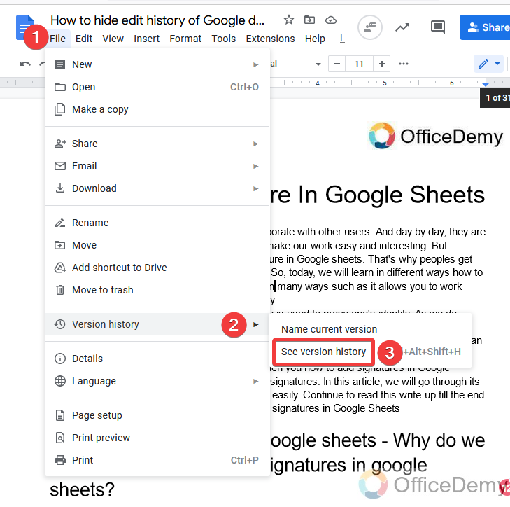 How to hide edit history on Google docs 15