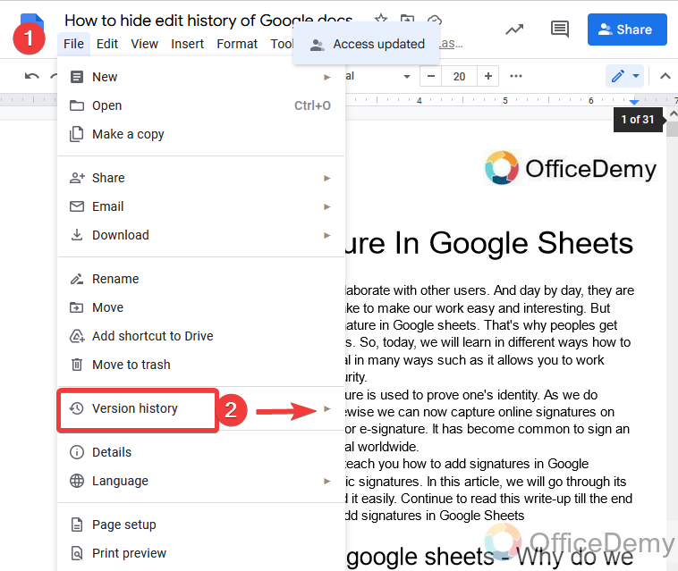 How to hide edit history on Google docs 2