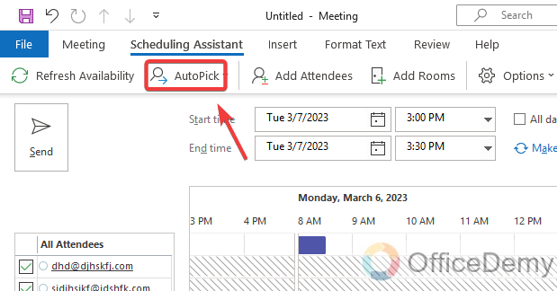how to use scheduling assistant in outlook 10