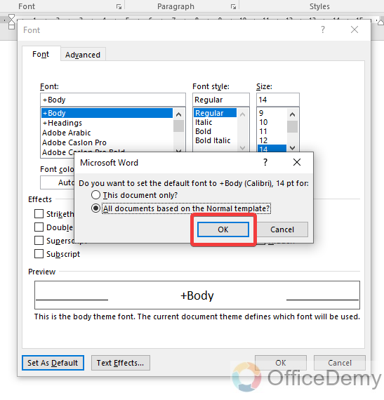How to change default font in Microsoft Word 14