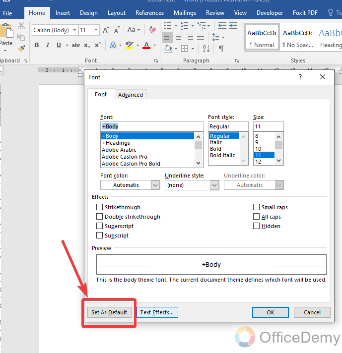 How to change default font in Microsoft Word 9