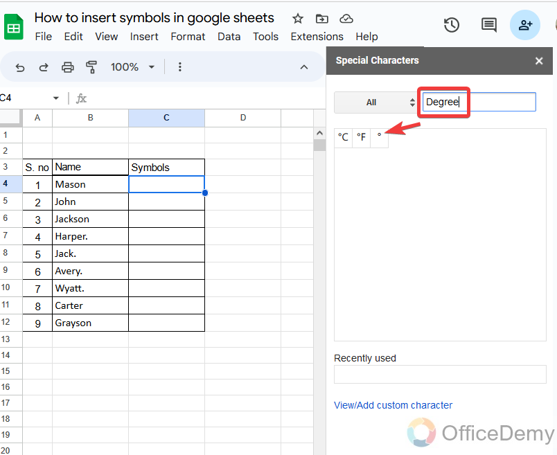 How to insert symbols in google sheets 10