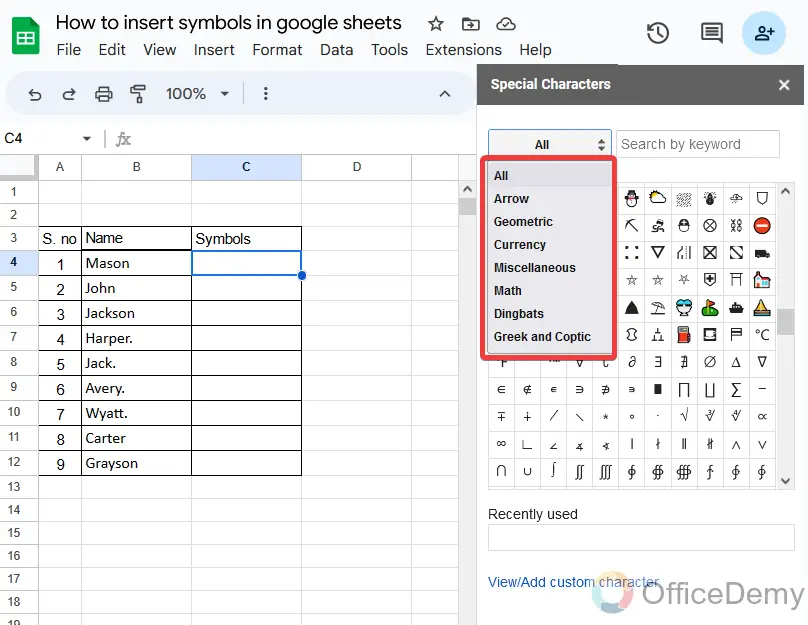 How to insert symbols in google sheets 11