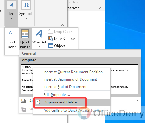 How to create Quick Parts in Outlook 19