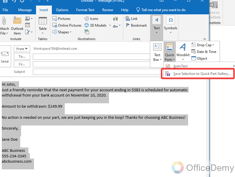 How to create Quick Parts in Outlook 6