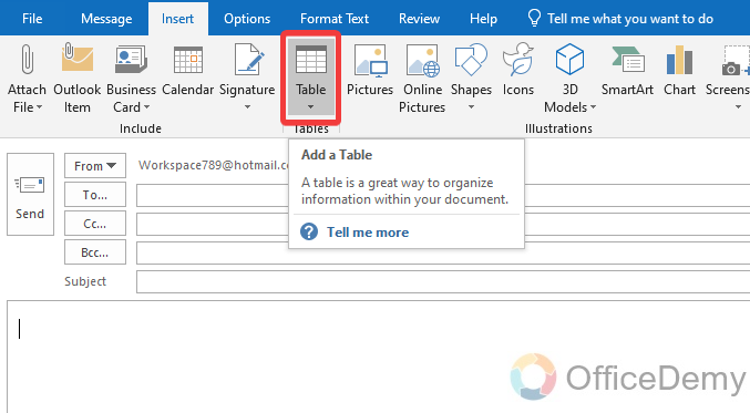 How to Insert Table in Outlook 14