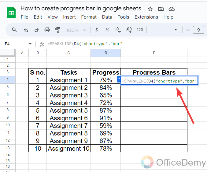 How to create progress bar in google sheets 4