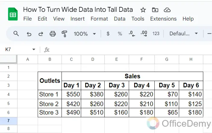 How To Turn Wide Data Into Tall Data in Google Sheets 1