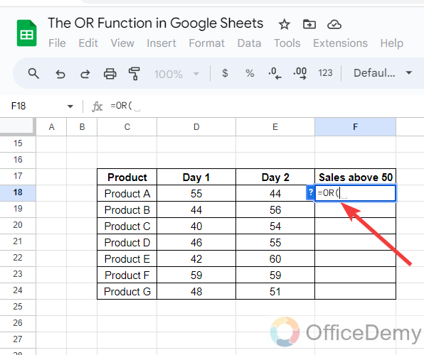 The OR Function in Google Sheets 2