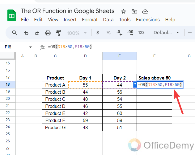 The OR Function in Google Sheets 4