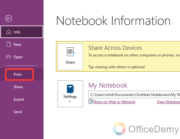 how to print in onenote 11