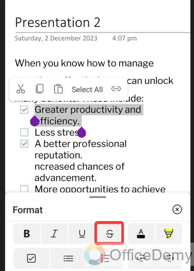 how to strikethrough in onenote 8